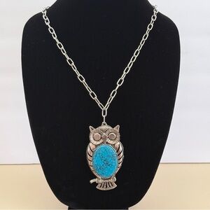Vintage Owl Silvertone Necklace With Faux Turquoise Body Pendant